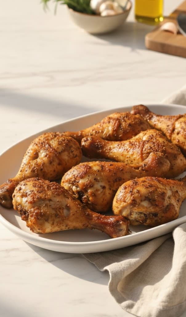 Chicken drumsticks with herbs and lemon cooked in an air fryer