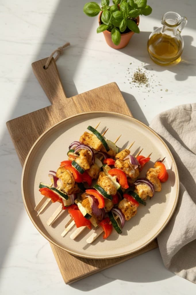 Chicken and vegetable skewers cooked in an air fryer