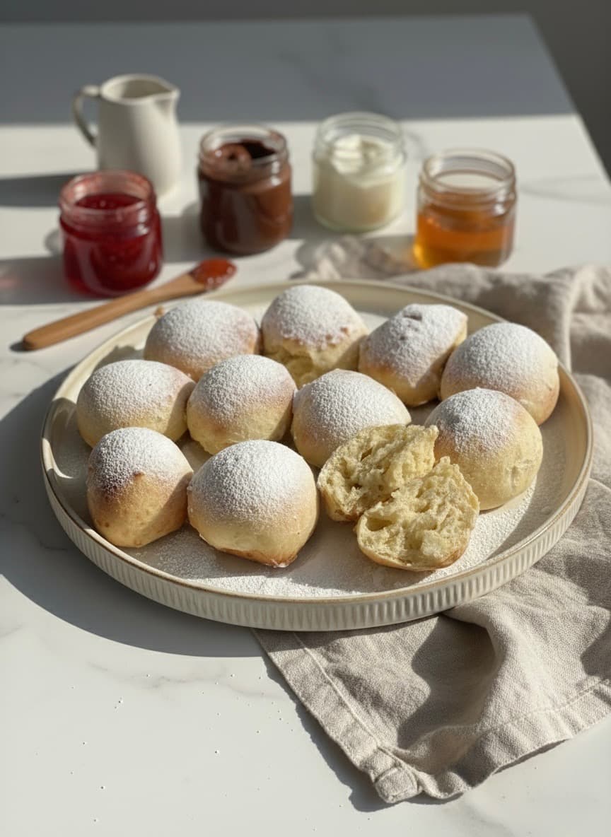 Baked air fryer donuts dusted with powdered sugar