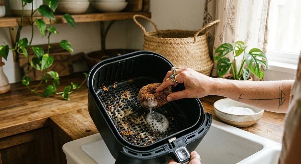 Washing an air fryer basket over the sink with soap and a natural-bristle brush