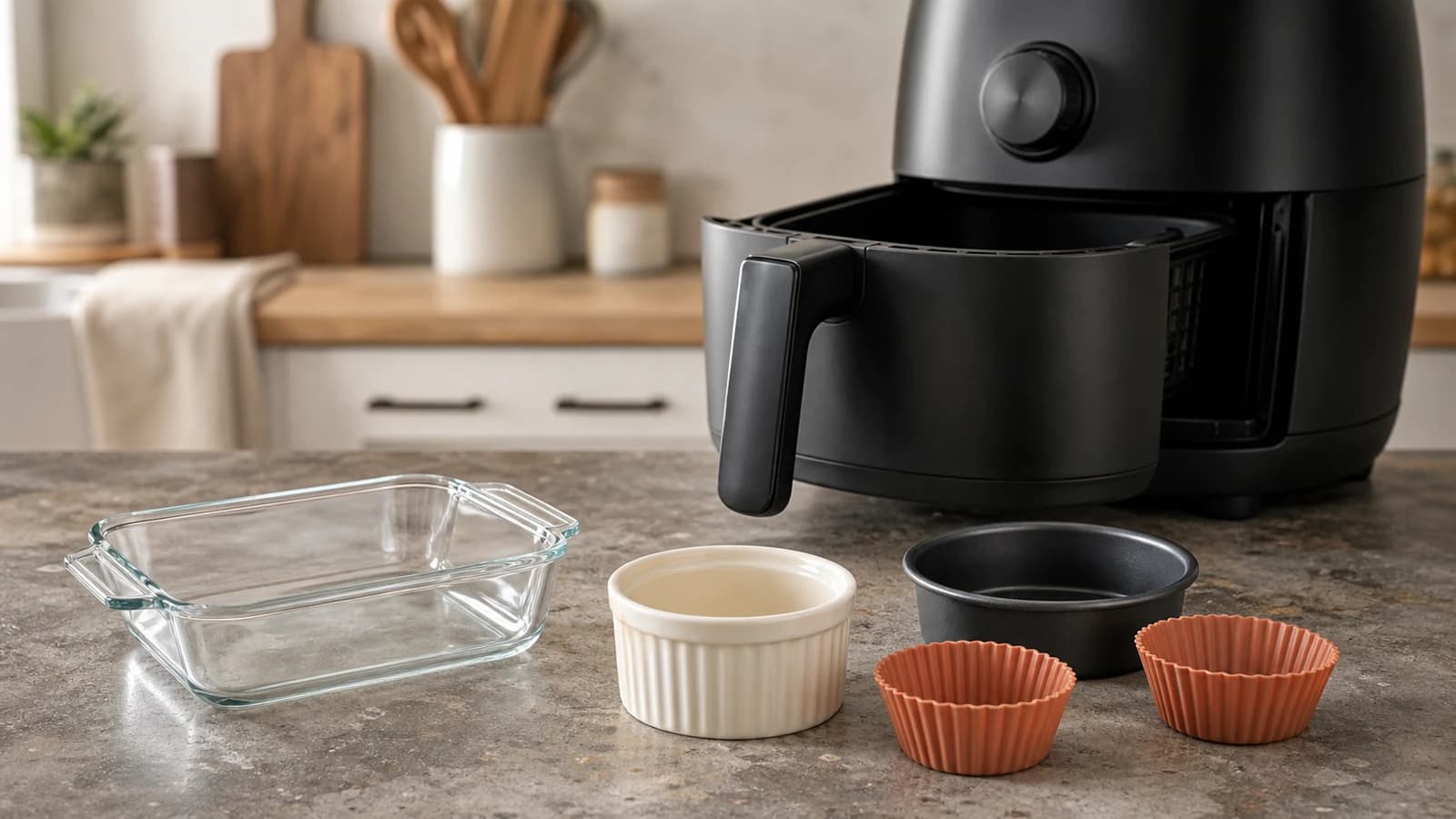 Glass, ceramic, metal, and silicone dishes arranged in front of an open air fryer