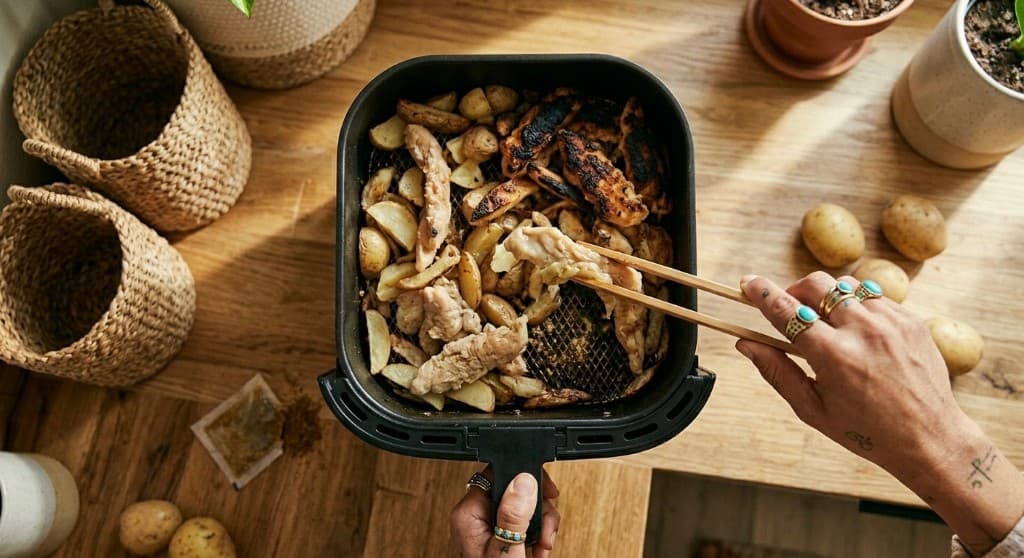 Air fryer basket with roasted chicken and potatoes on a wooden counter – after cooking