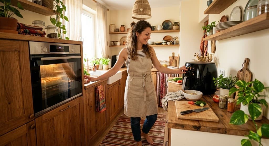 Woman in a rustic kitchen reaching toward a built-in oven and a countertop air fryer while cooking