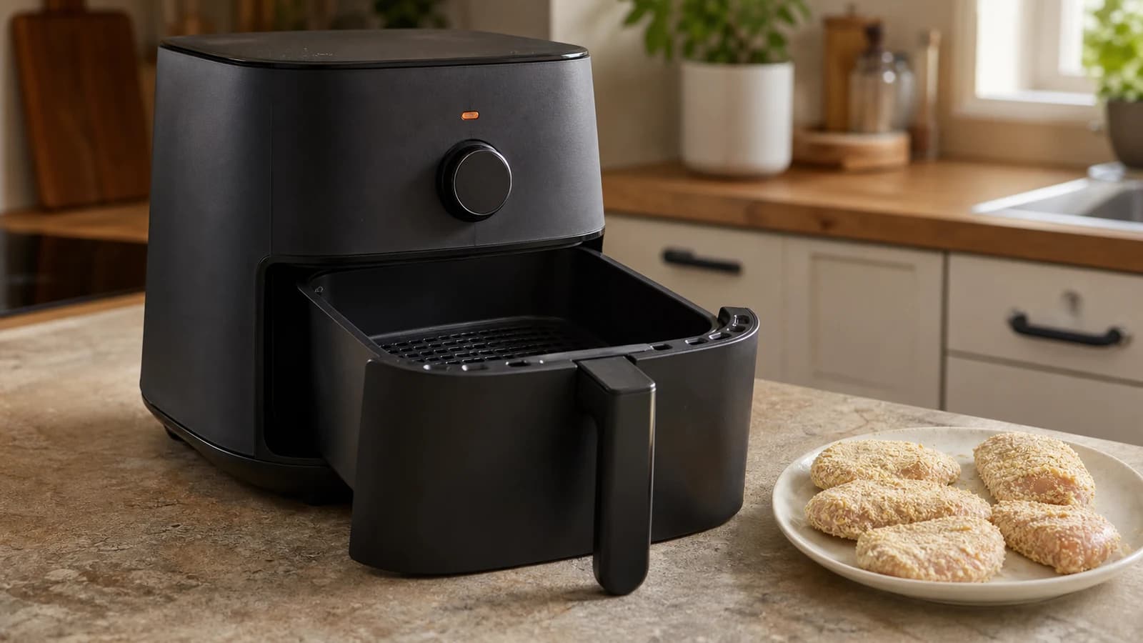 Air fryer preheating with an empty open basket and breaded food ready to cook
