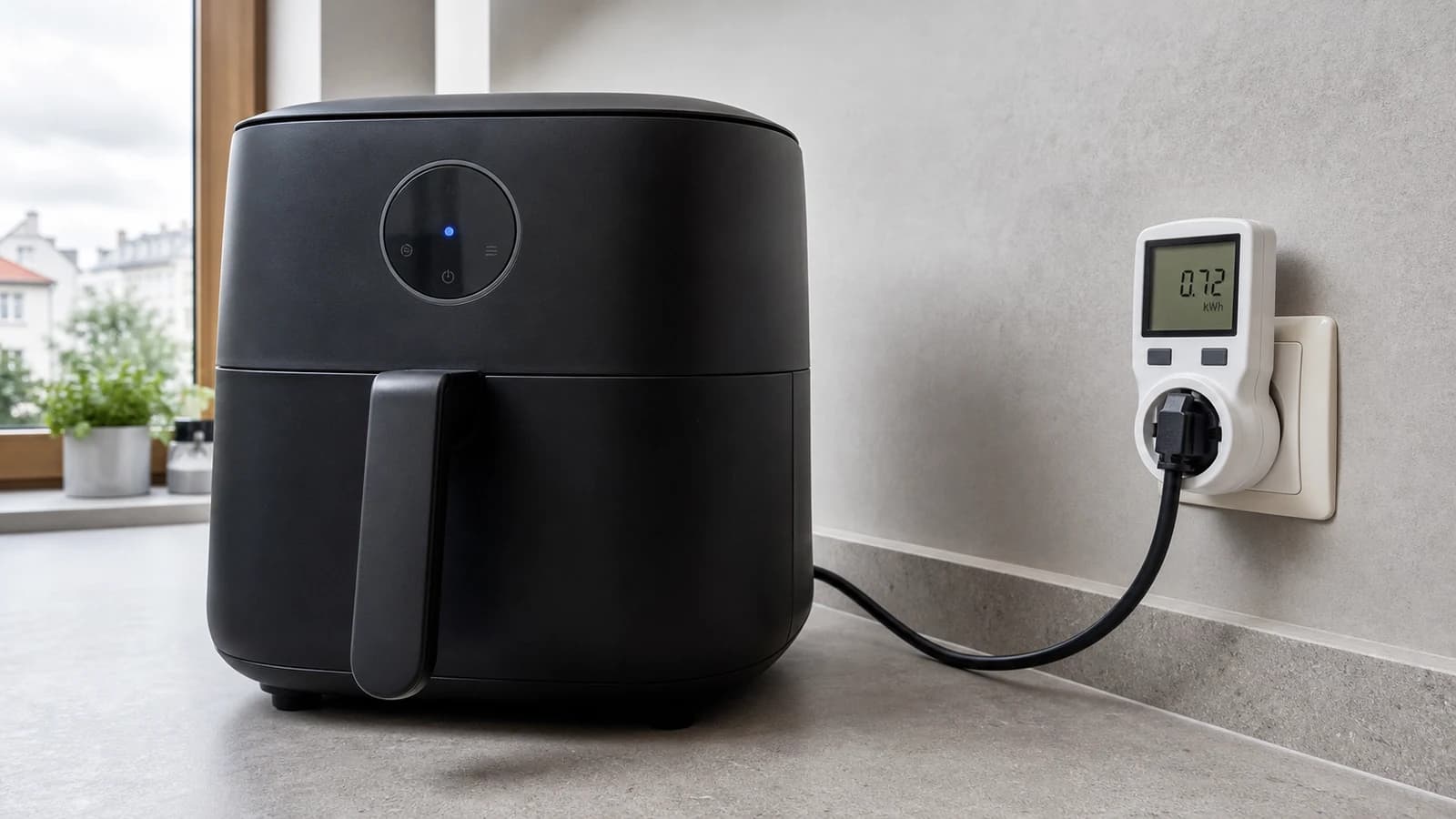 Air fryer connected to a plug-in electricity meter showing energy use in kilowatt-hours